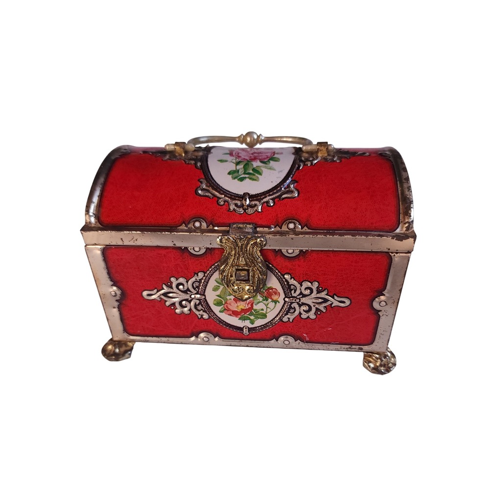 VTG RedGold Floral Tin Bank Trinket Box BlueBird Confectionery England Nostalgic